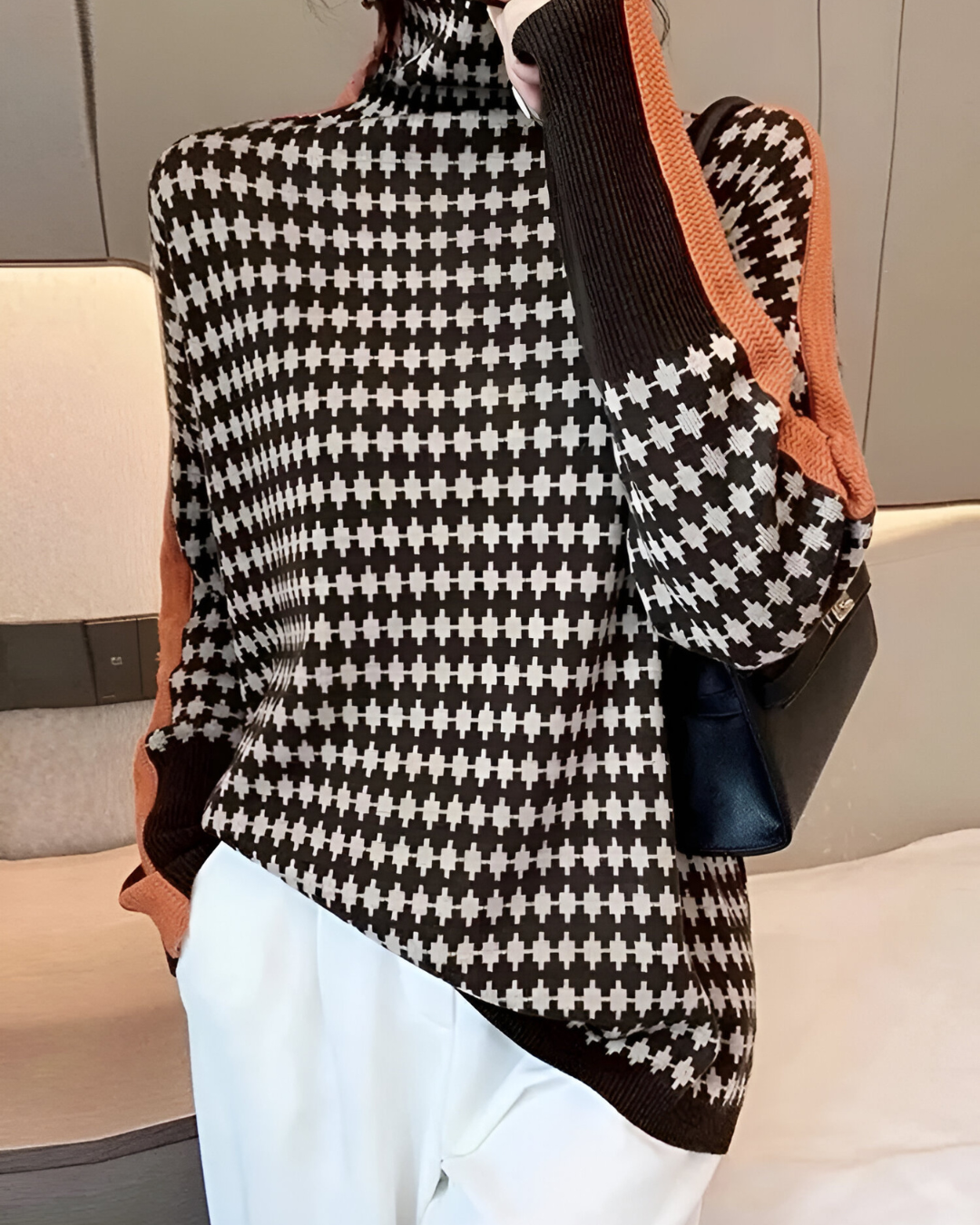 Elegant Knitted Sweater with High Collar and Diamond Structure