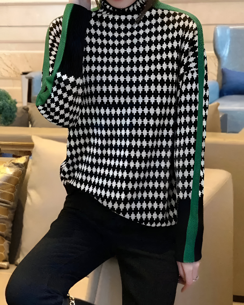 Elegante Gebreide Trui met Hoge Kraag en Diamantstructuur