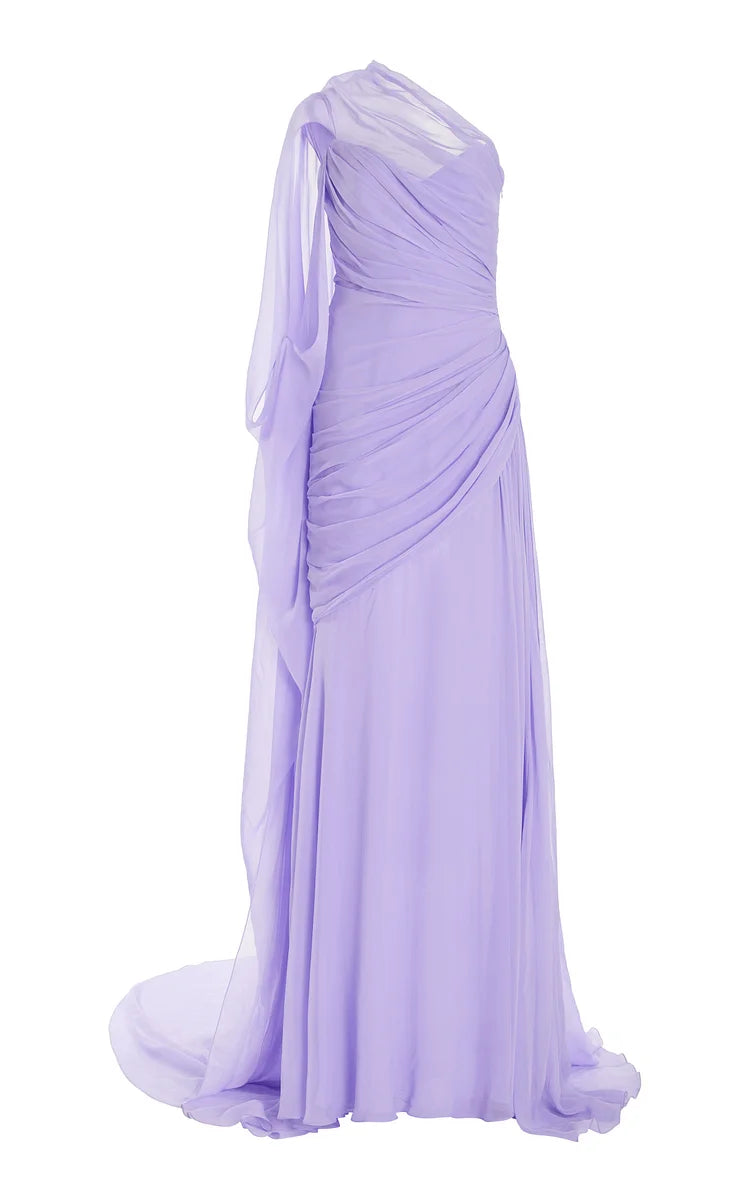 Gedrapeerde paarse chiffonjurk
