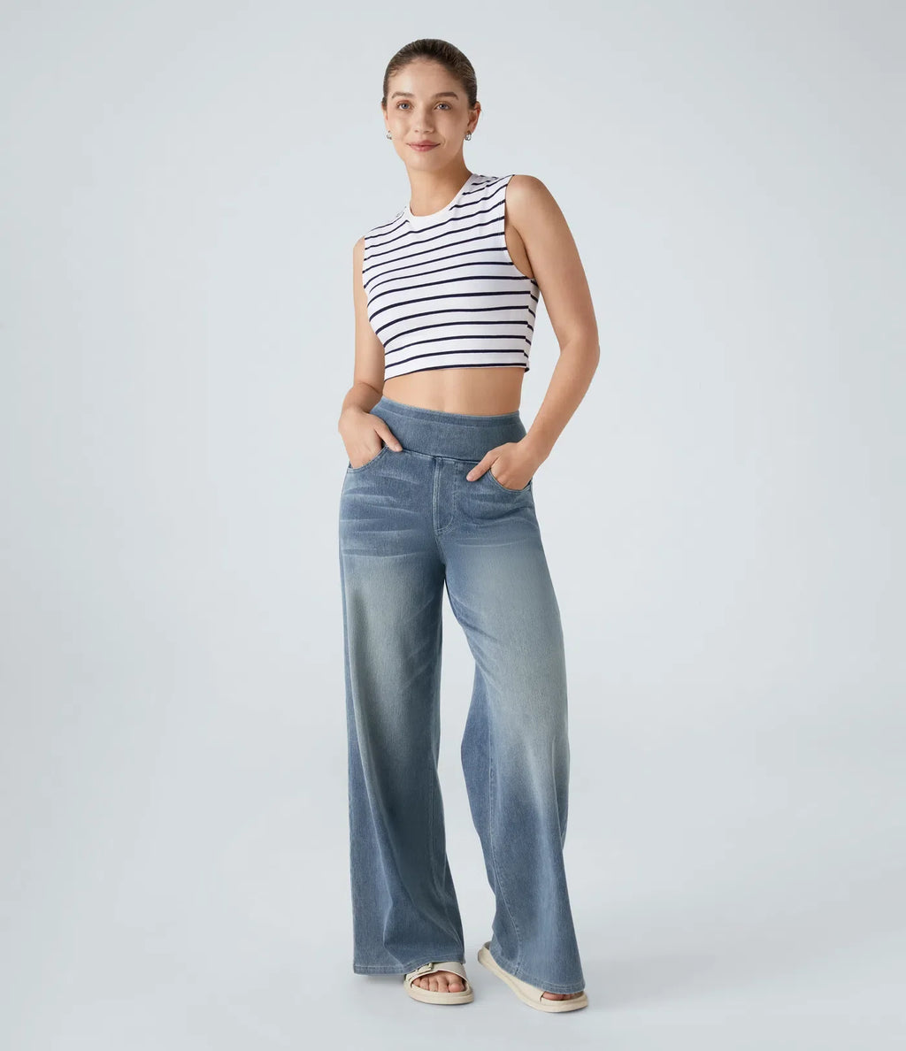 High-waisted elastic trousers