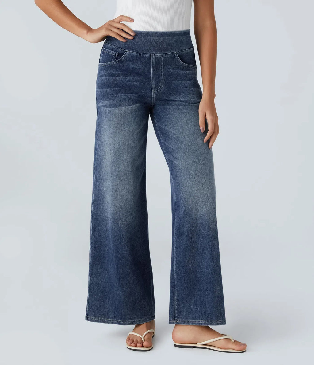 High-waisted elastic trousers