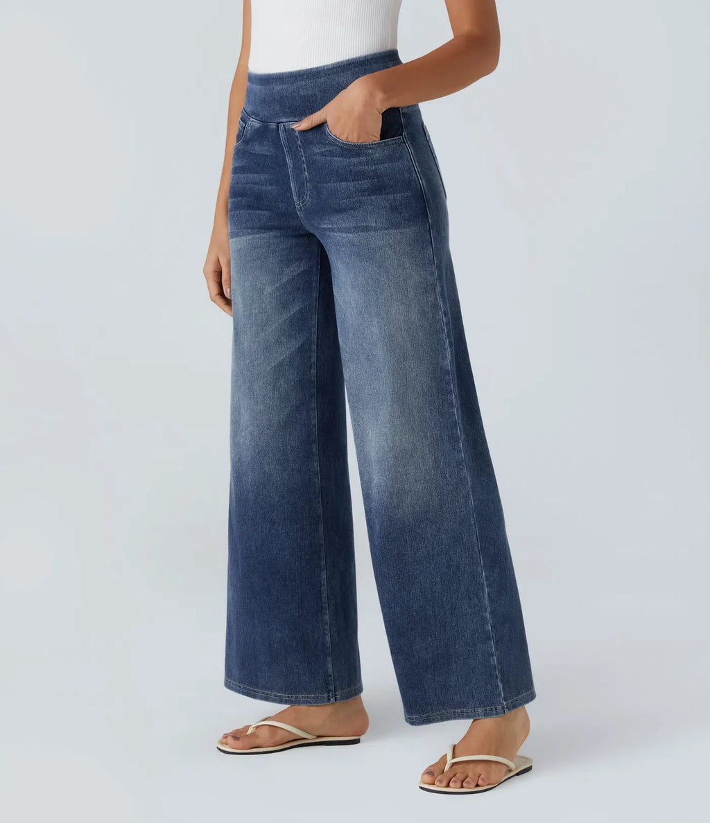 High-waisted elastic trousers