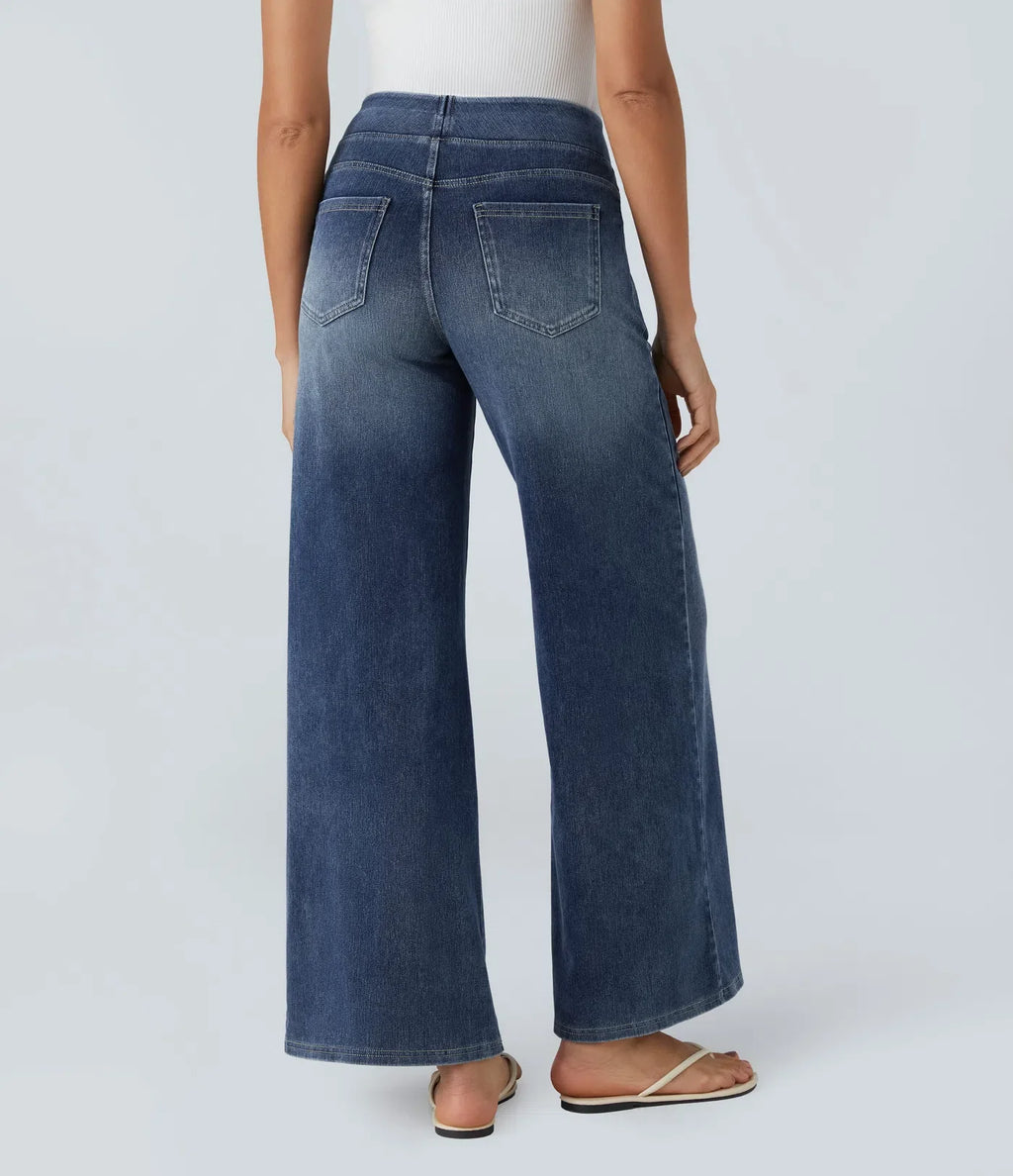 High-waisted elastic trousers